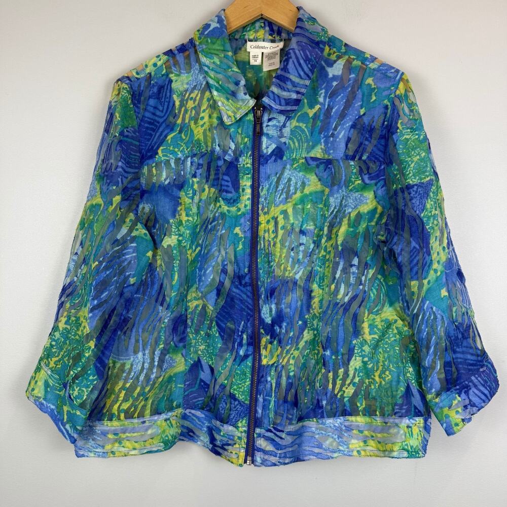 Coldwater Creek Jacket Womens 16 Blue Green Floral Sheer Full Zip Collared Retro